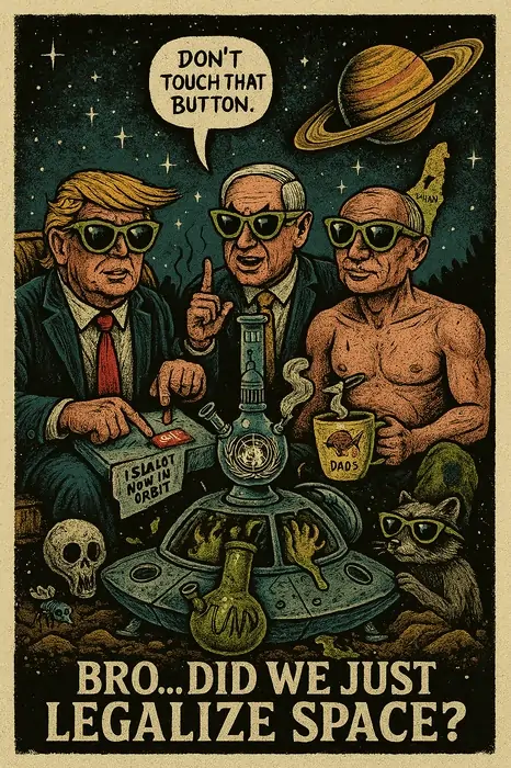 Psychedelic dark humor wall art print featuring world leaders and alien gas rituals in space. A bizarre poster print for interstellar satire lovers.